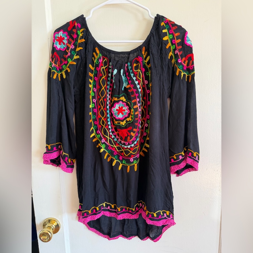 Embroidered Black Boho Top